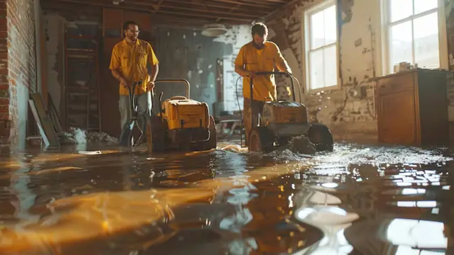Two workers pushing water extraction machines across a flooded room