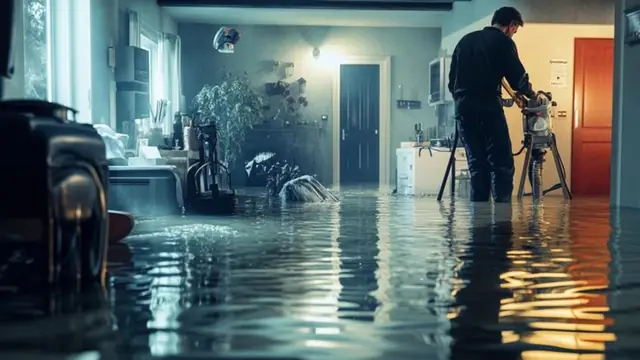 Technician working with equipment in a room with standing water
