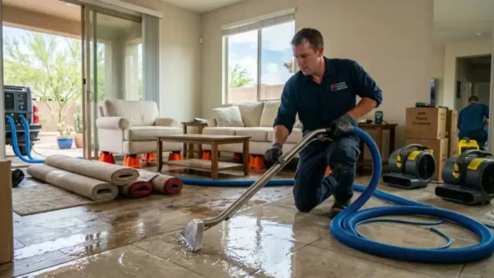 Technician using an extraction wand on a wet living room floor with hoses and air movers set up nearby